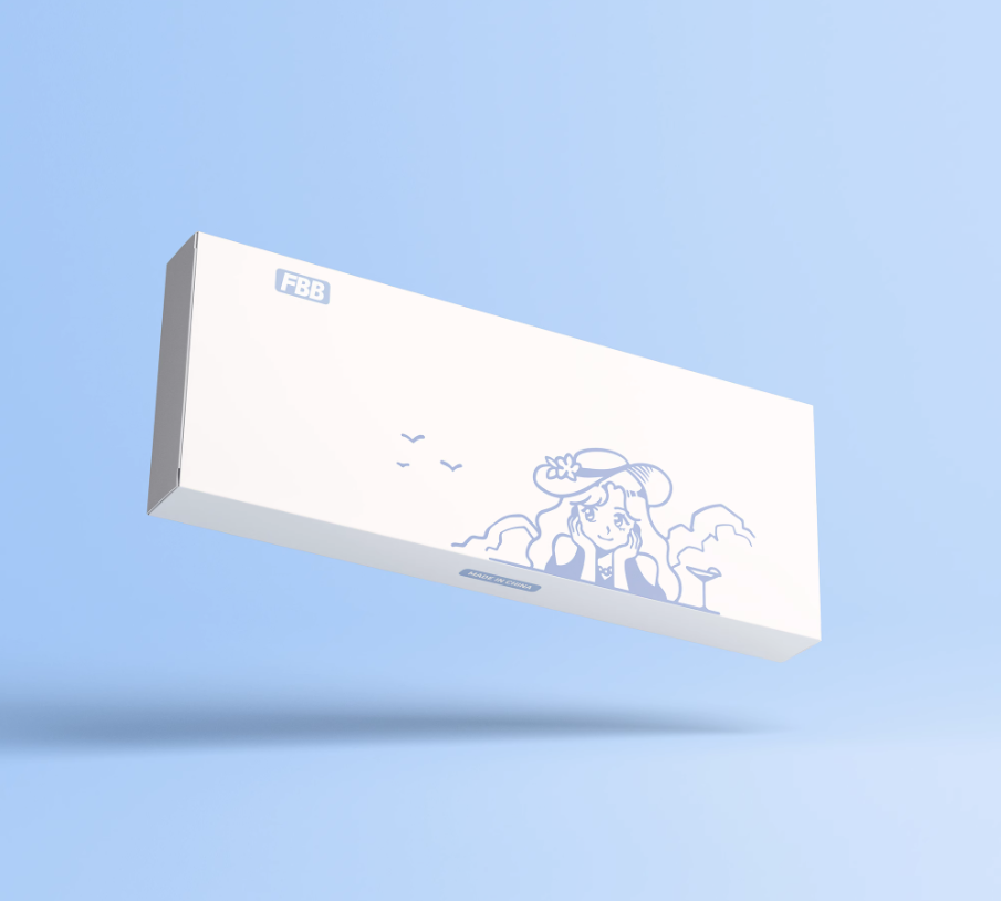 FBB keycap box with white front and blue line art of a holiday character