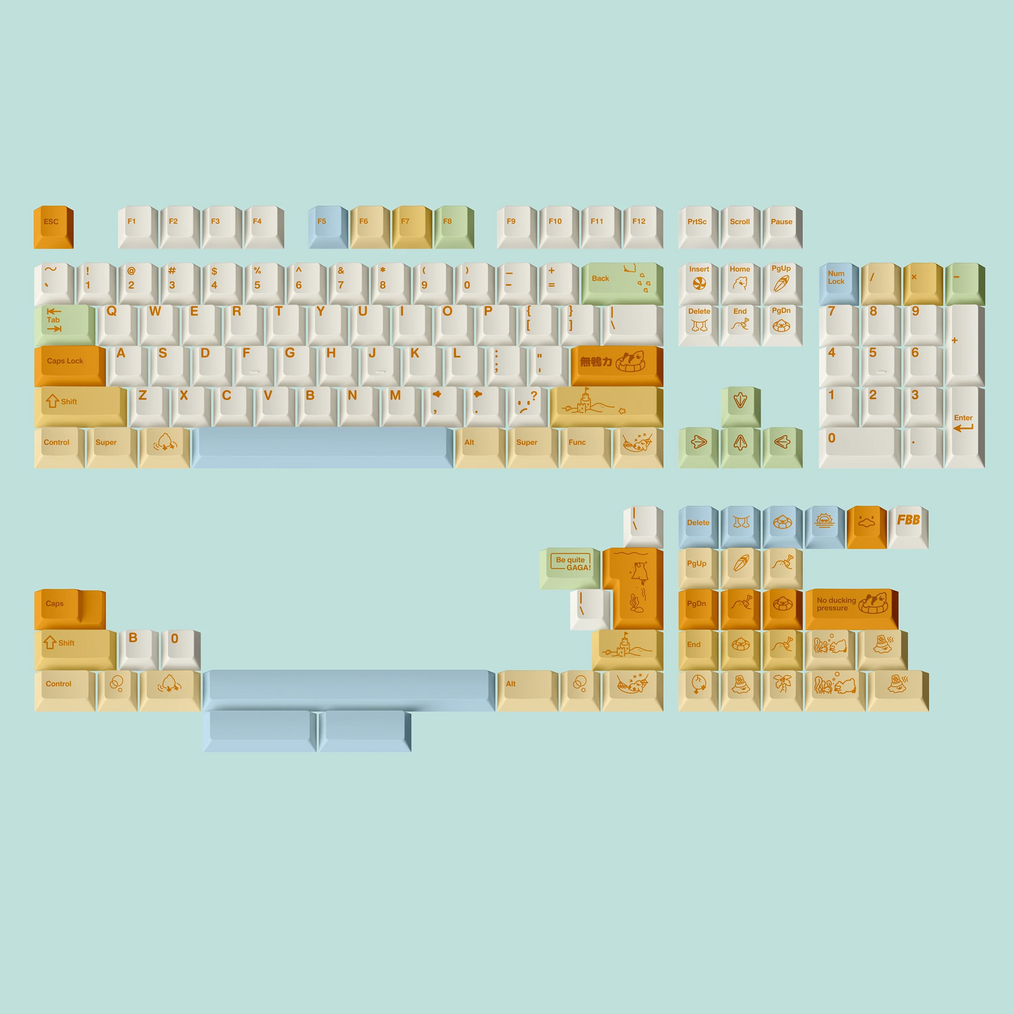 Keycap set shown loose and in partial layout; cream with gold orange and pastel accents