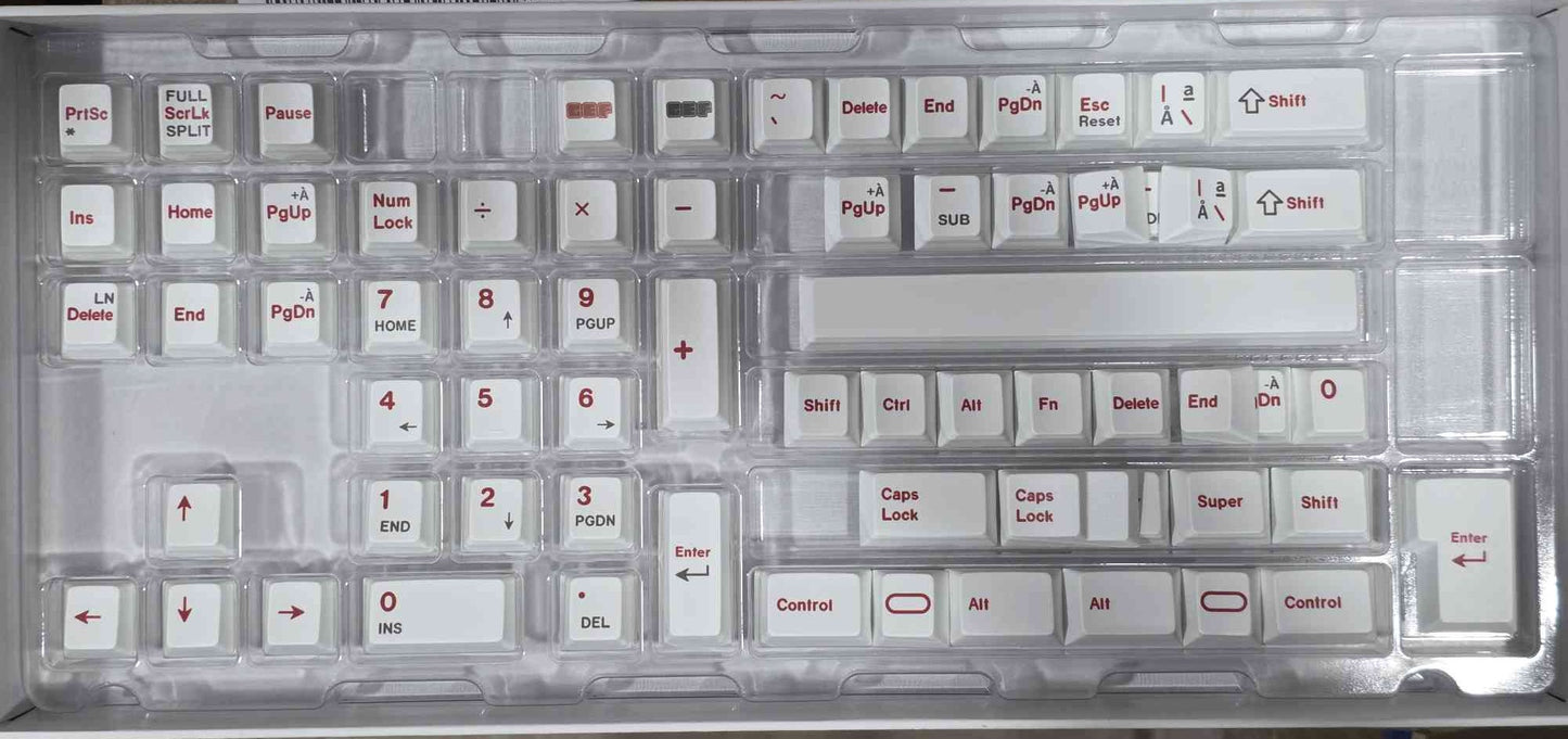 Keycap set with red legends on light-gray keys in a tray, showing navigation and control keys