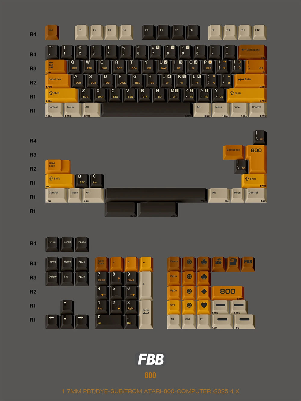 Keycap layout sheet with orange and black legends and 800 accent keys