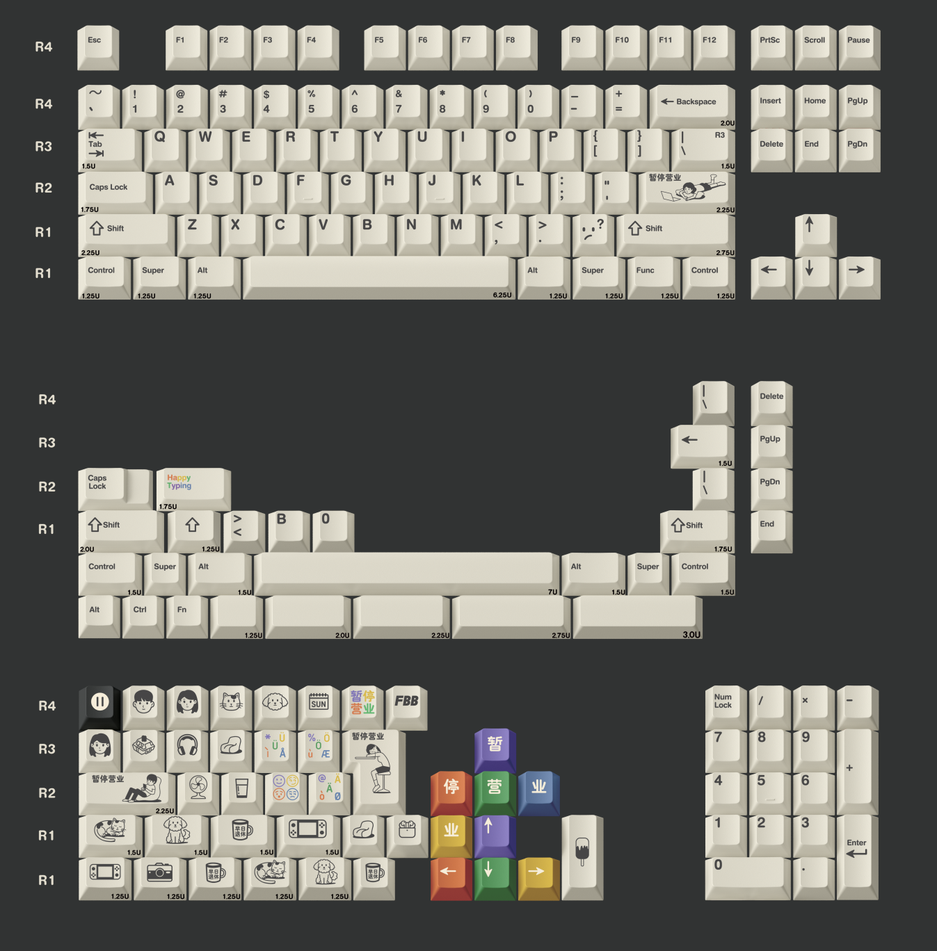 Cream keycaps with colorful icon keys shown in multiple close-up layouts and detail pieces