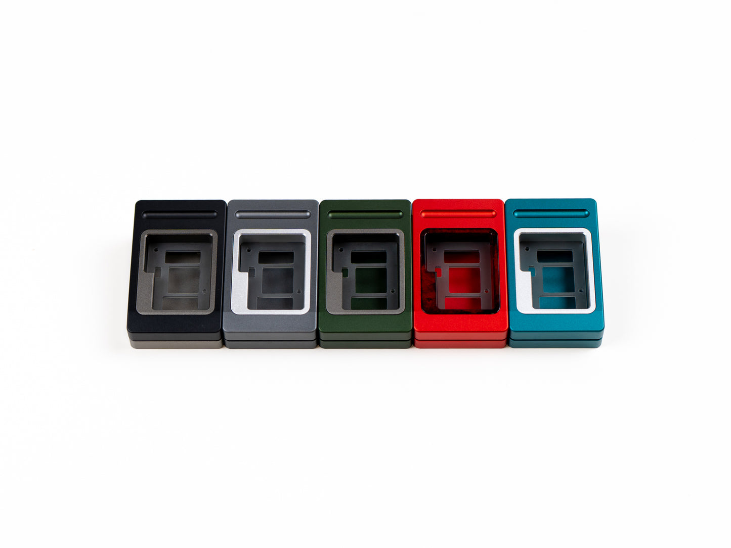 Set of six keycaps with Enter and arrow symbols in dark, gray, green, red, blue