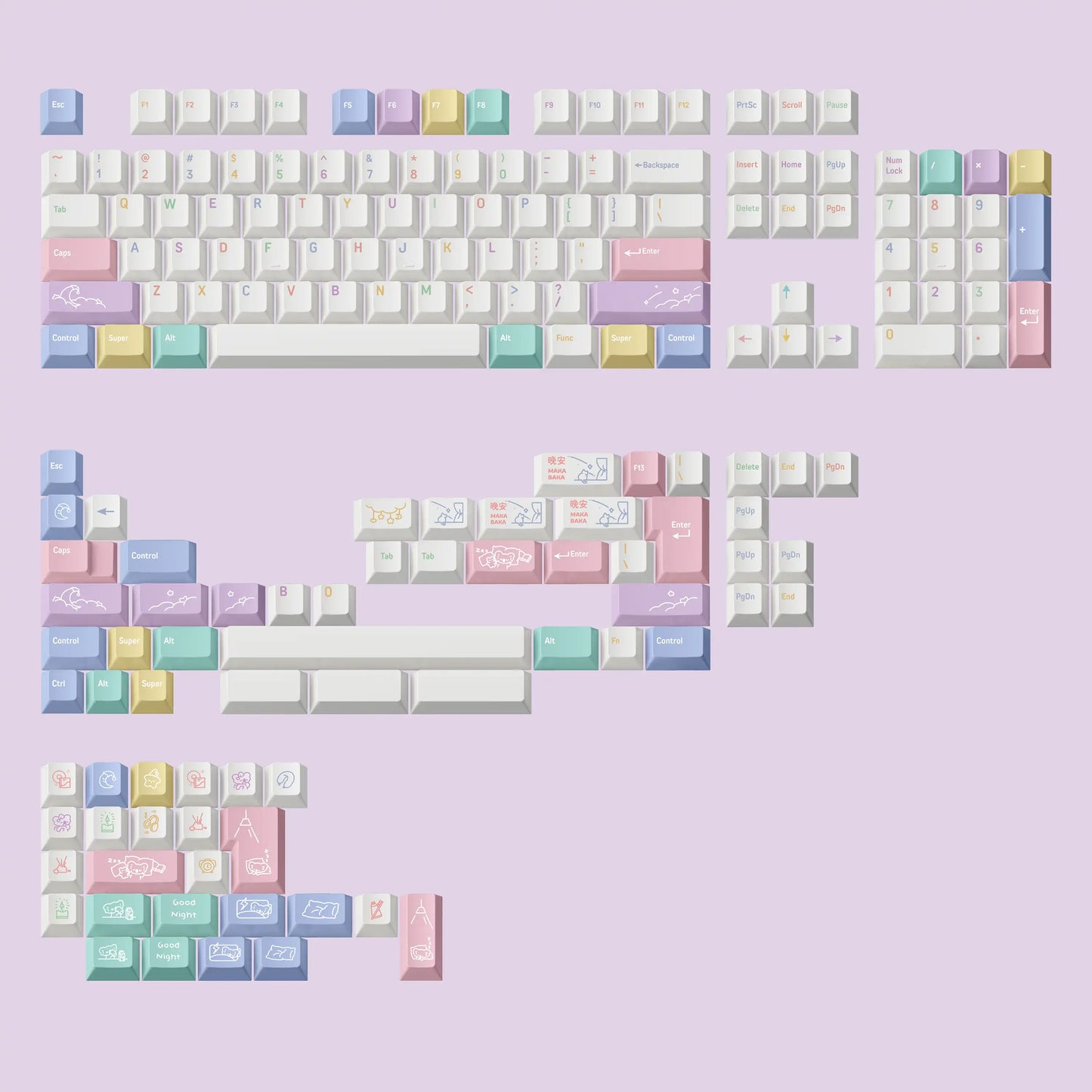 Pastel keyboard keycap set shown in multiple close-up arrangements and rows