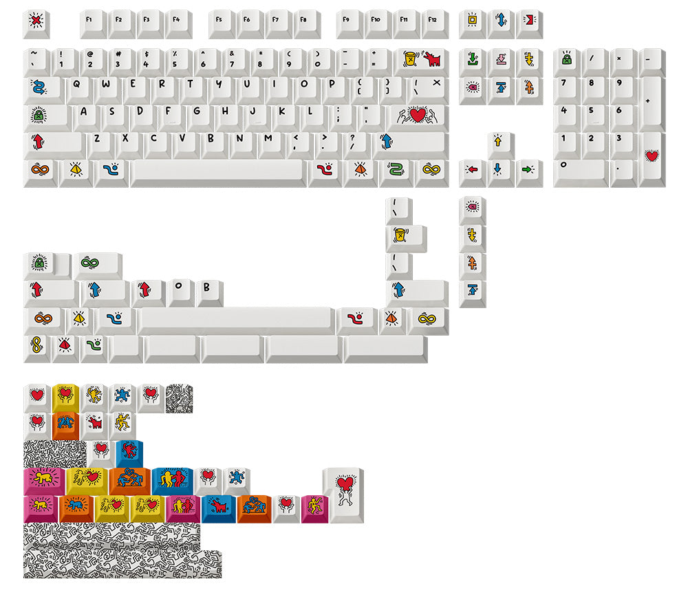 Graffiti keycap set layout diagram showing individual key designs and patterned modifiers