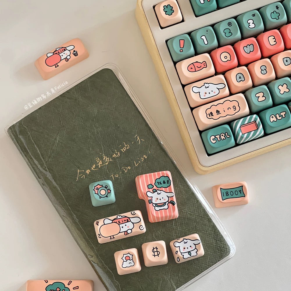 Working dog keycaps and novelty caps on green fabric pouch, including CTRL and paw designs