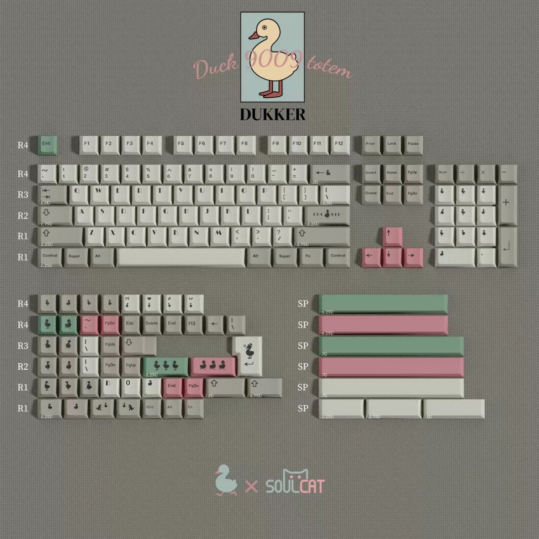 Keyboard keycap layout with light gray caps, pink and teal accent keys, blue duck icons