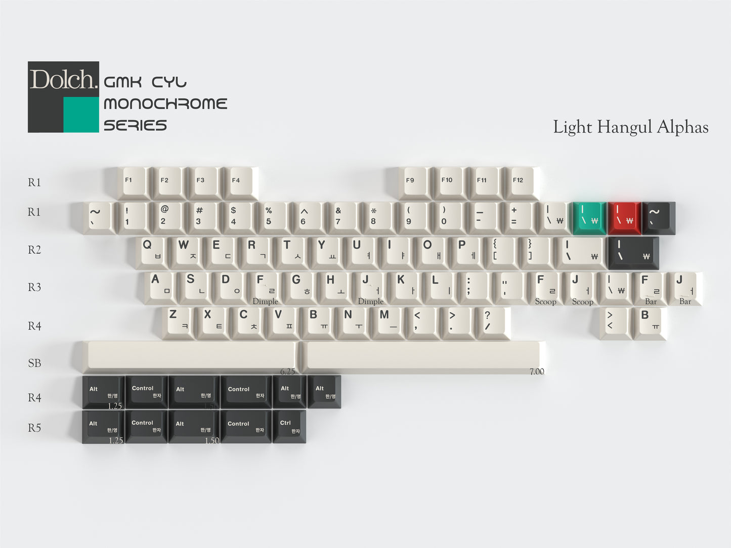 Keycap set, light Hangul alphas with monochrome accents