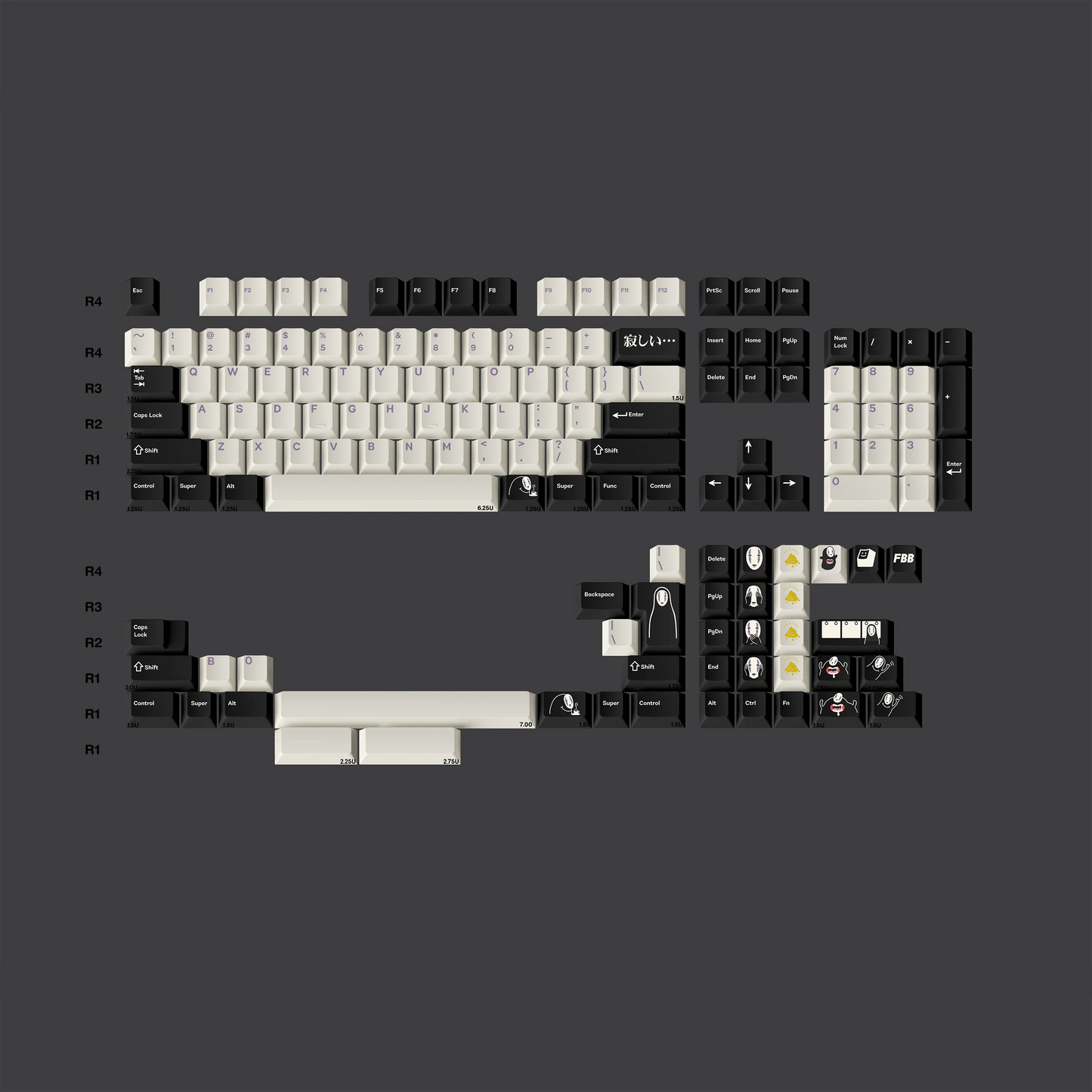 Keycap set parts display with white and black caps, staggered keys and small themed pieces