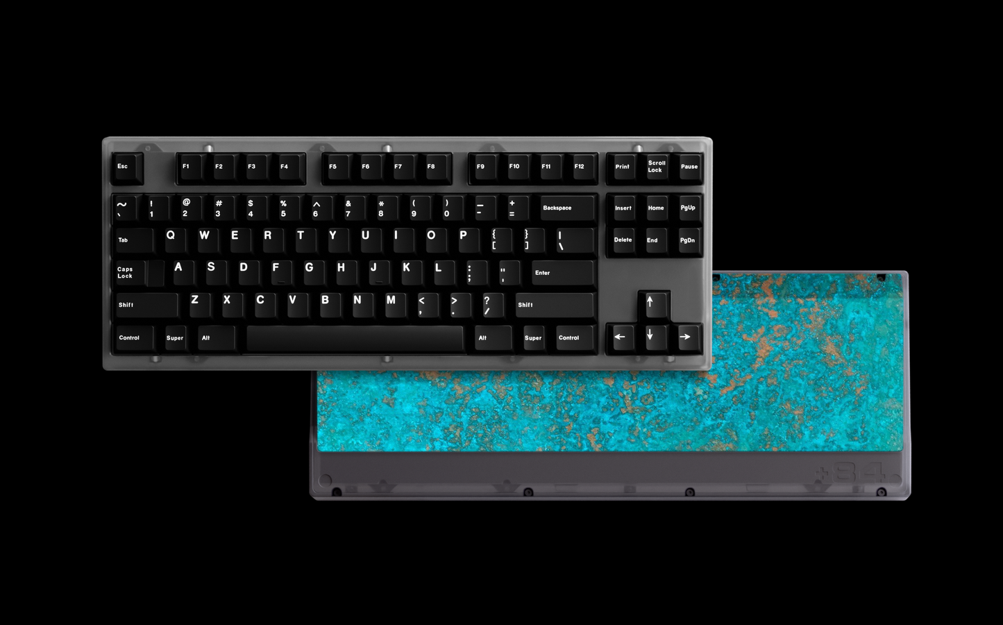 Mechanical keyboard with black keycaps and turquoise base, full keyboard with numpad