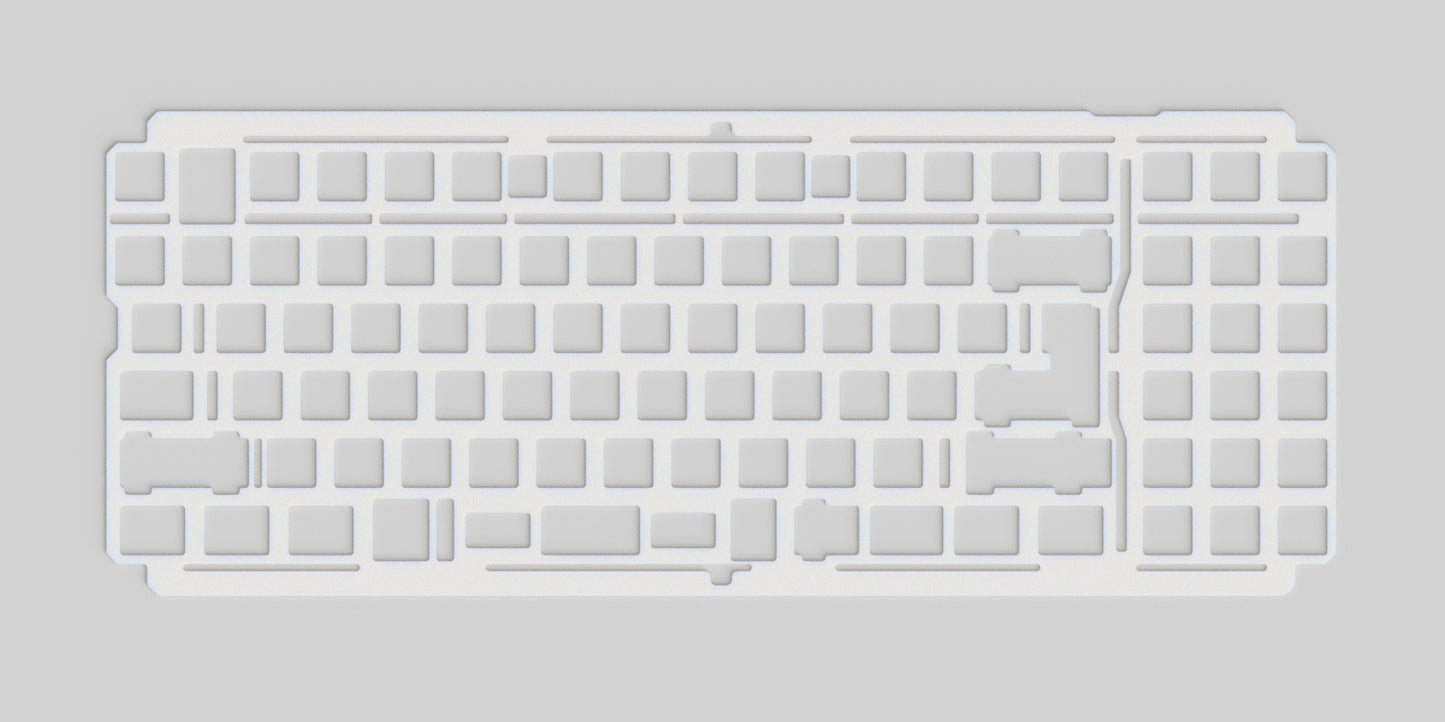 White keyboard plate with key matrix cutouts and support tabs
