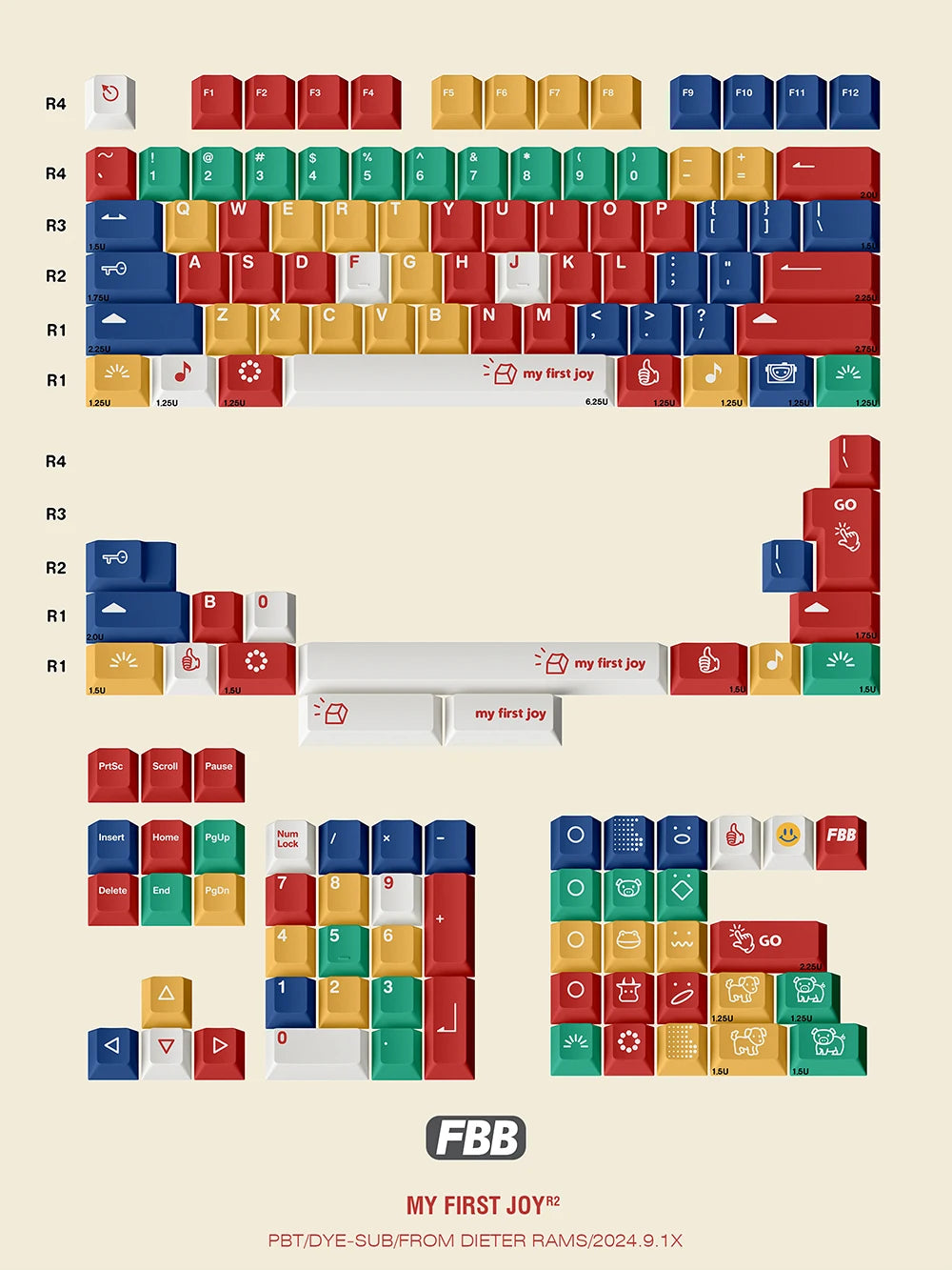 Kid keyboard toy layout diagram with multicolored key blocks and FBB logo