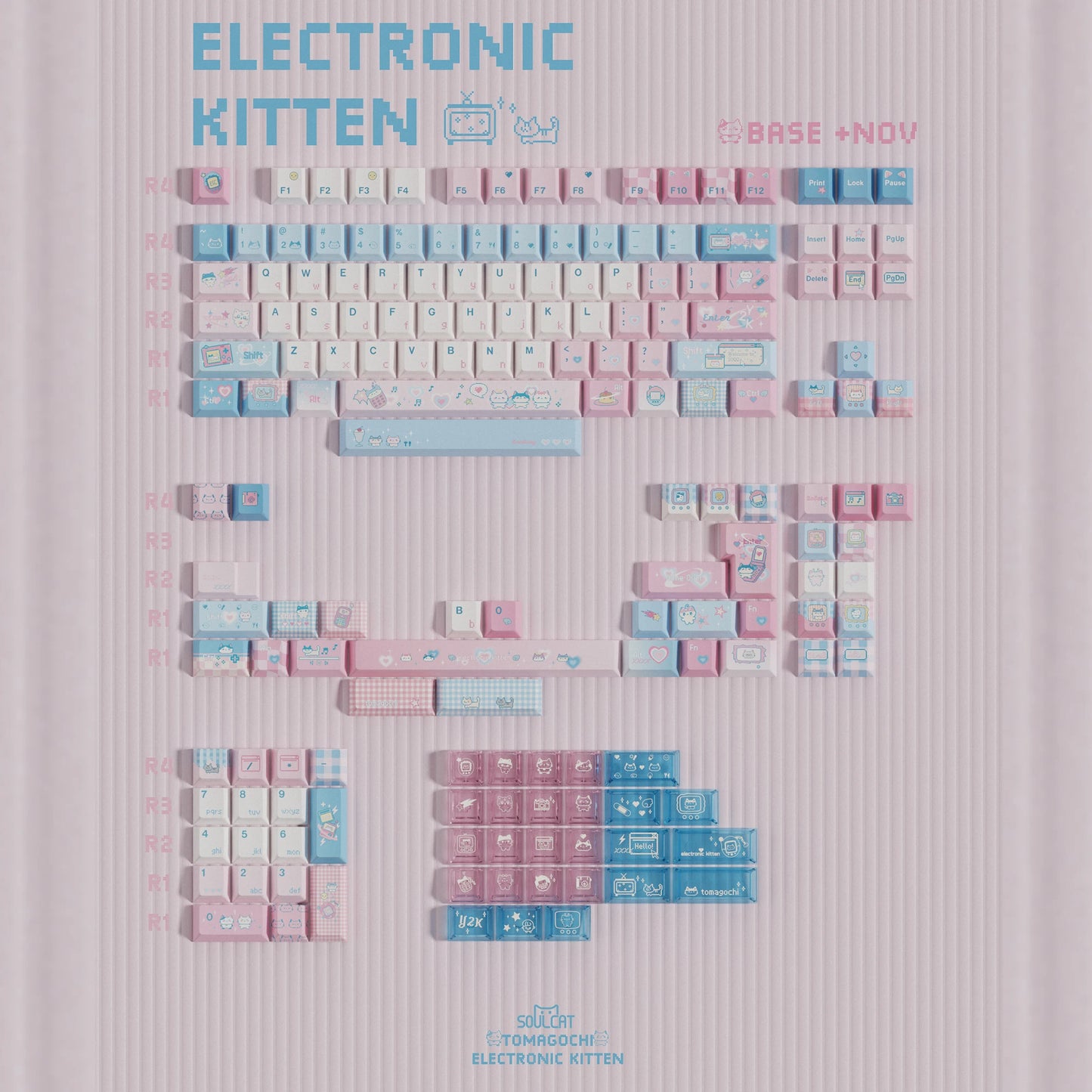 Electronic kitten keycaps keycap set collage in blue, pink, and white
