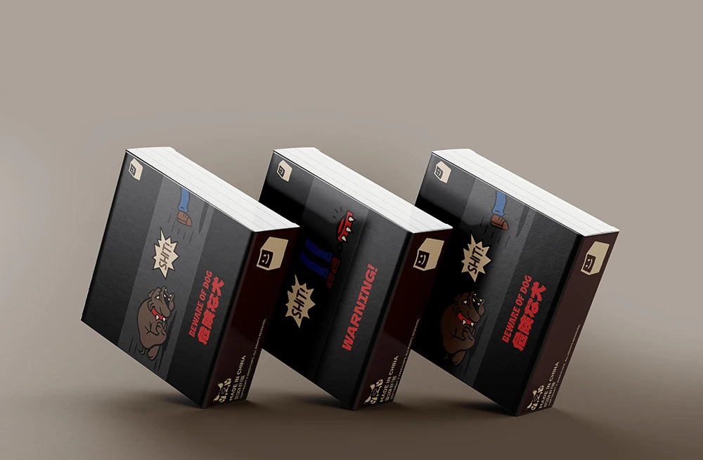 Keycap set packaging boxes with Beware of Dog graphic labels