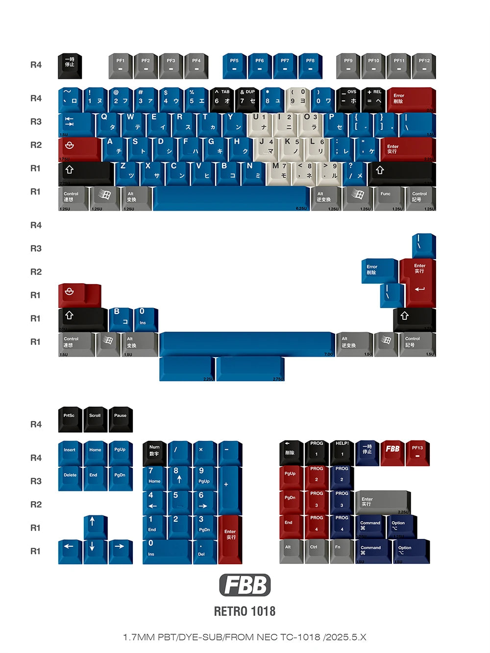 Retro 1018 keycap layout diagram showing blue, black, gray, and red key shapes
