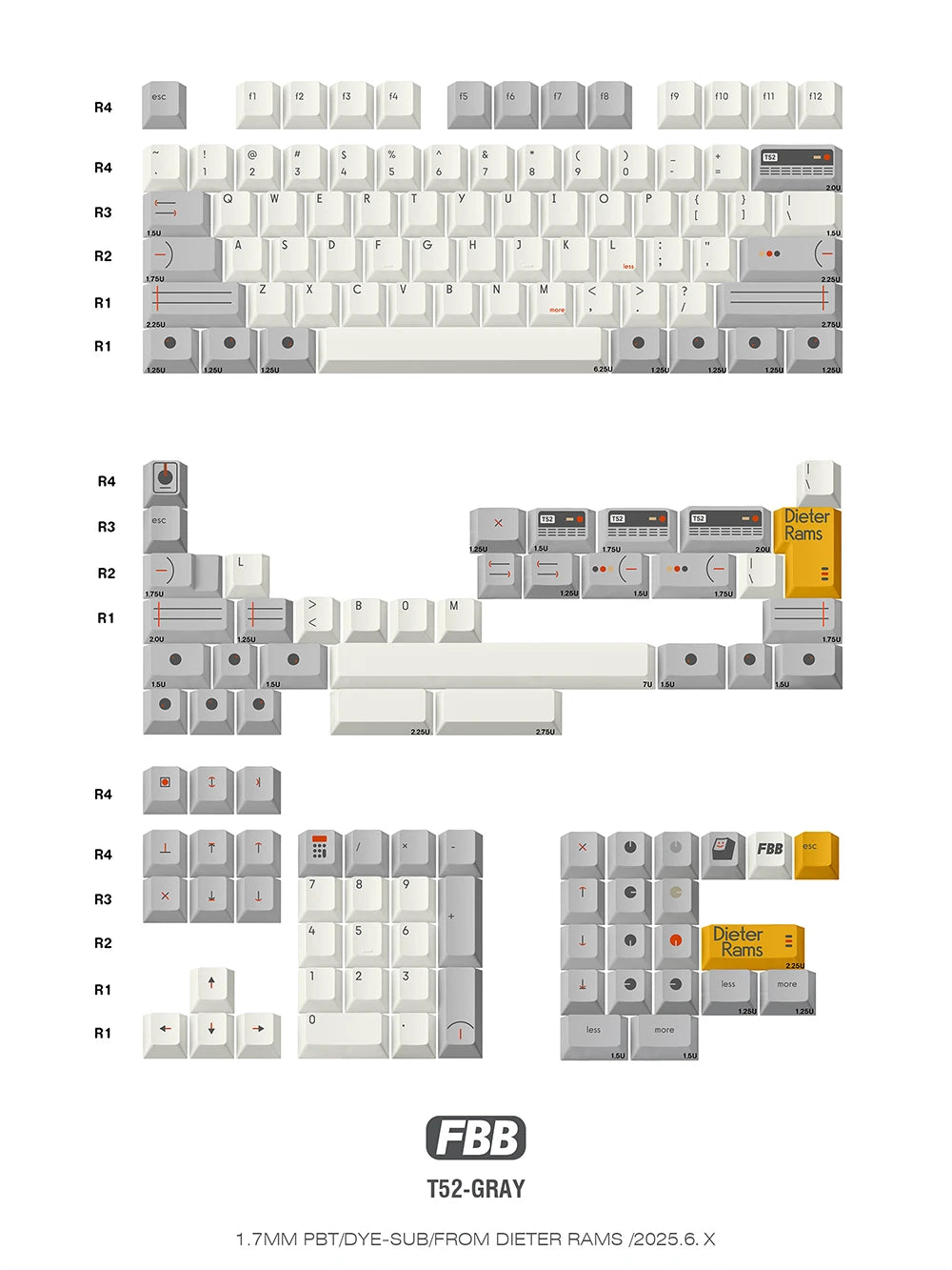 Keycap layout diagram for grey T52 set with orange accent keys
