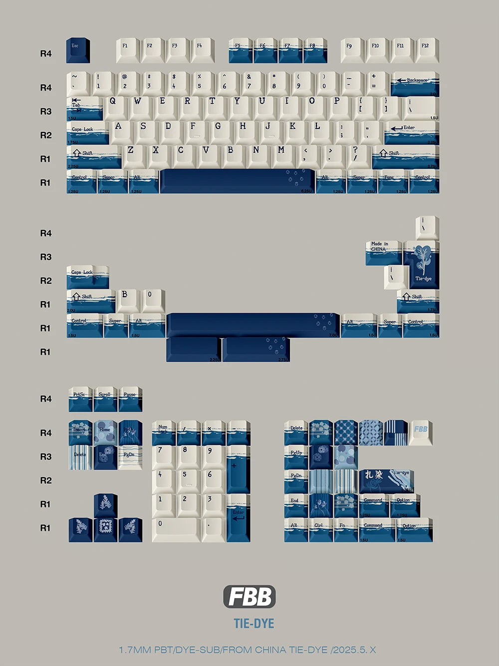 Tie-dye keycap layout diagram with blue and white keys and labeled rows