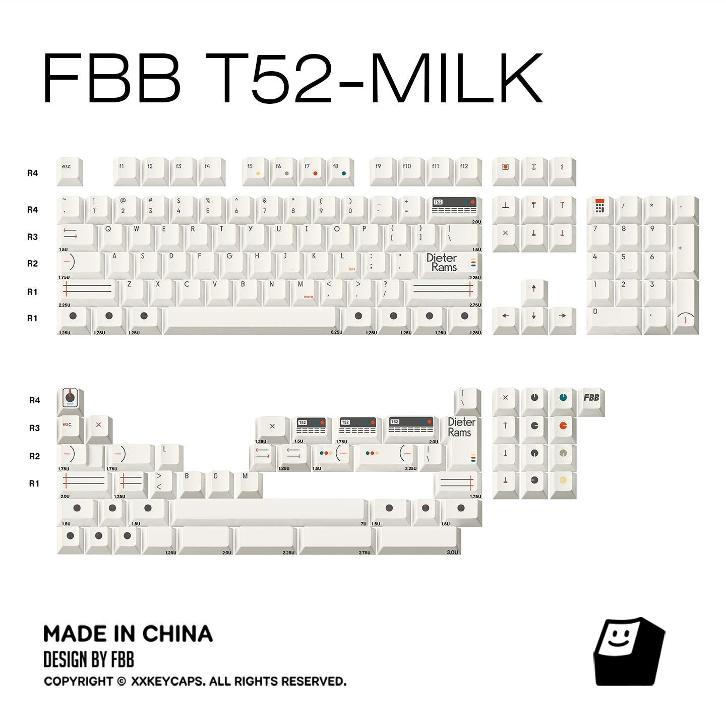 Milky white keycap set layout diagram with Dieter Rams logo and R4–R1 rows