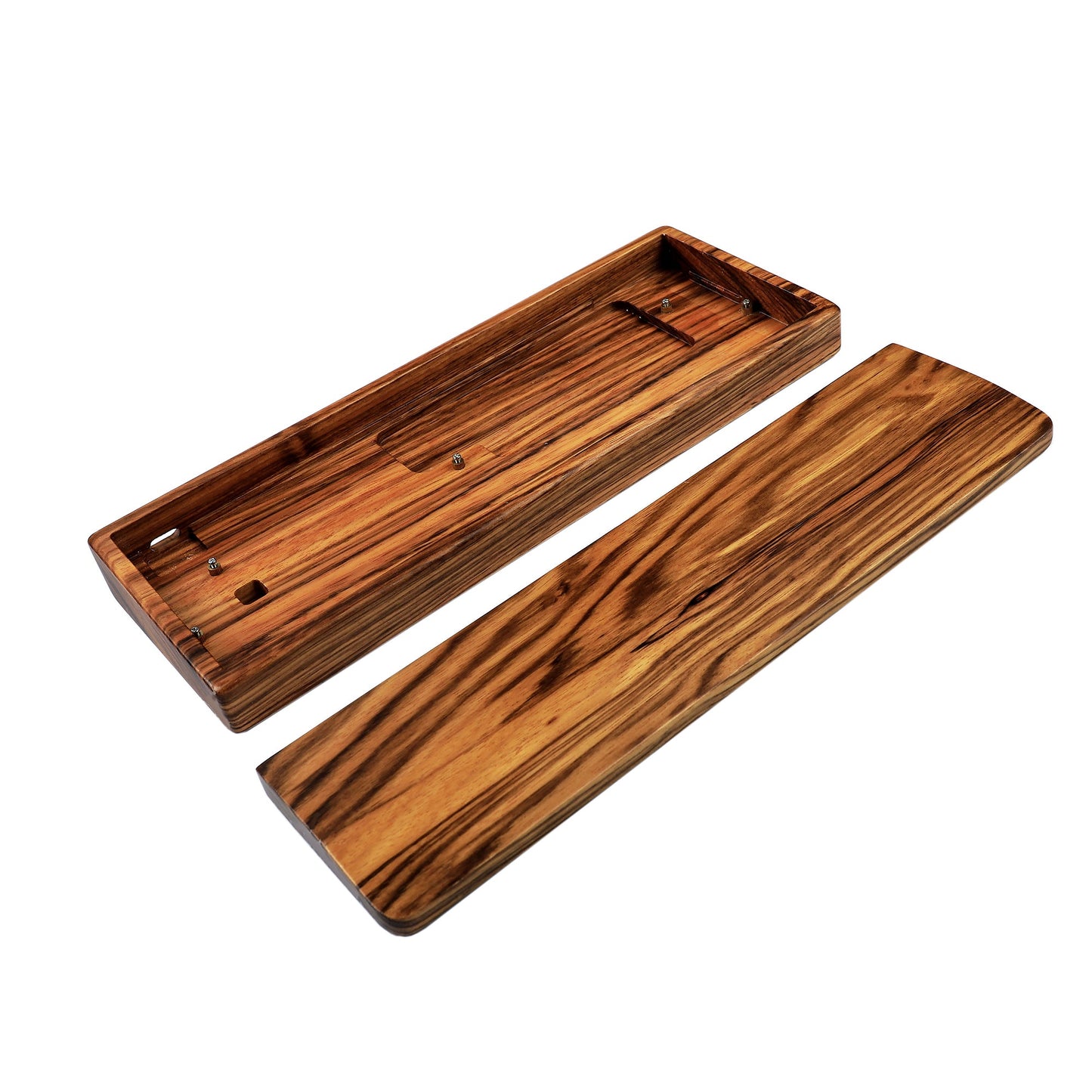 Wood keyboard case with wrist rest, open base and matching platform with grain