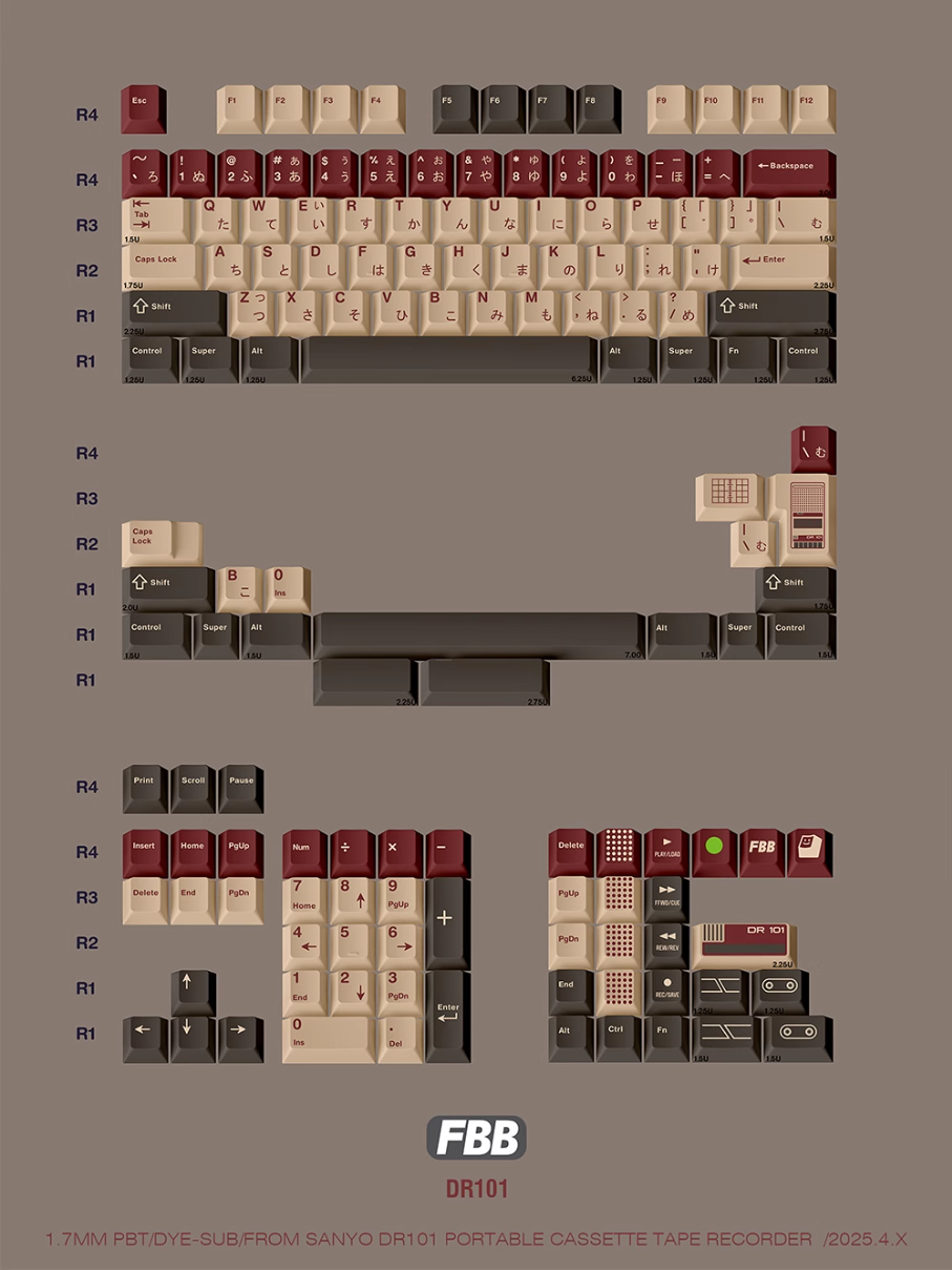 Keycap placement diagram for DR101 layout with cream, red, and black keys