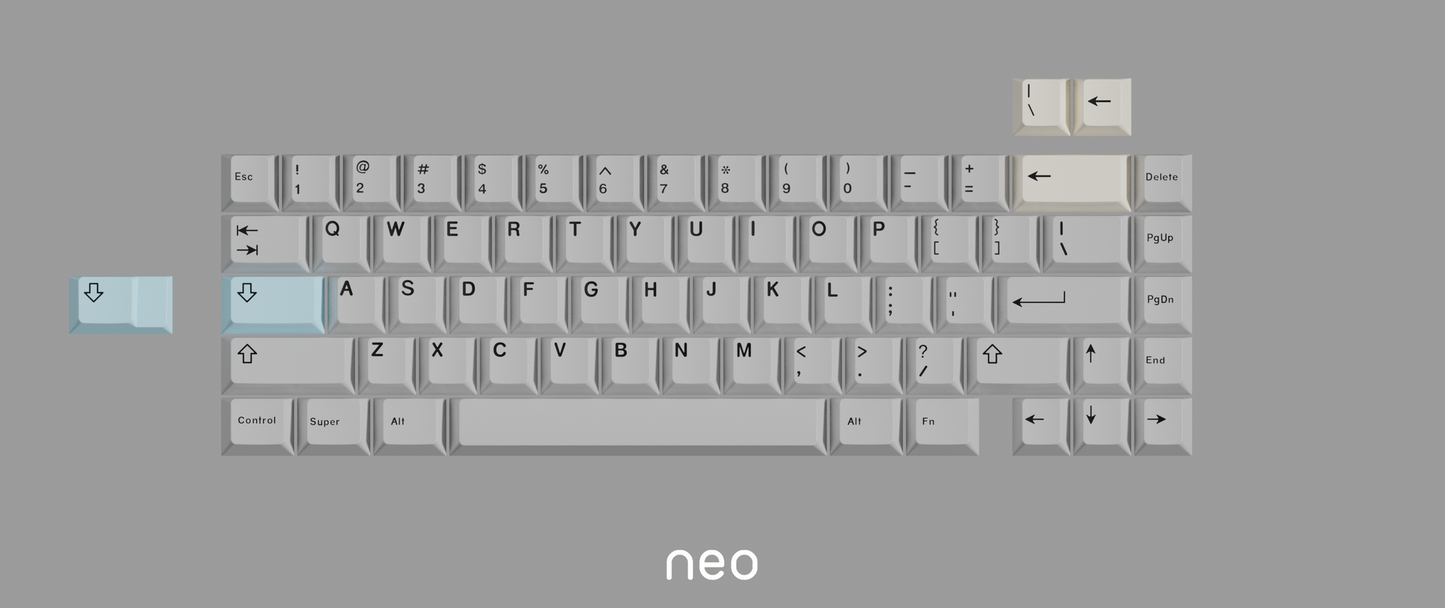Neo65 extra PCB, top view with light gray keycaps and arrow cluster