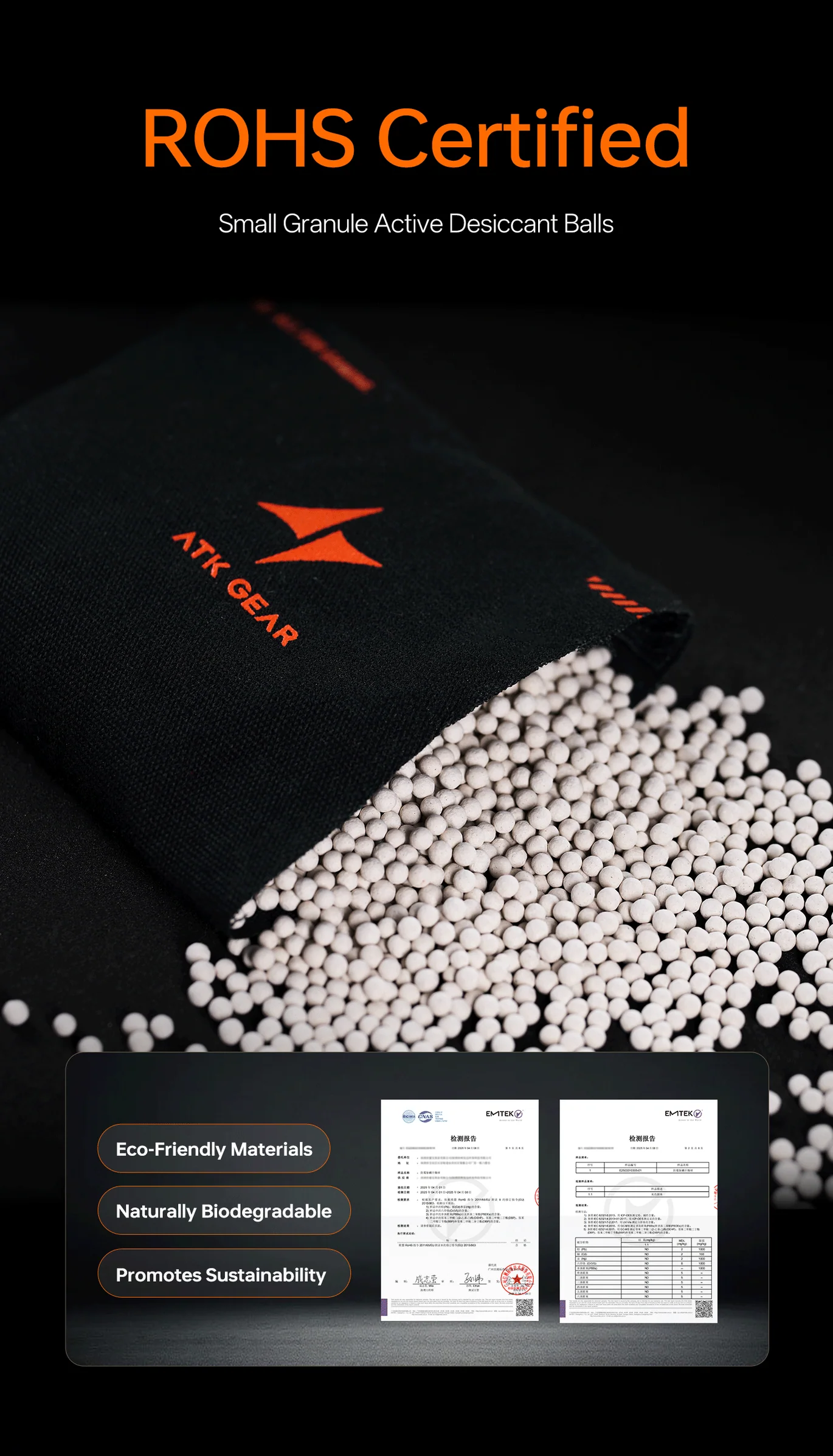 Black ATK hand dry bag with white moisture-absorbing beads