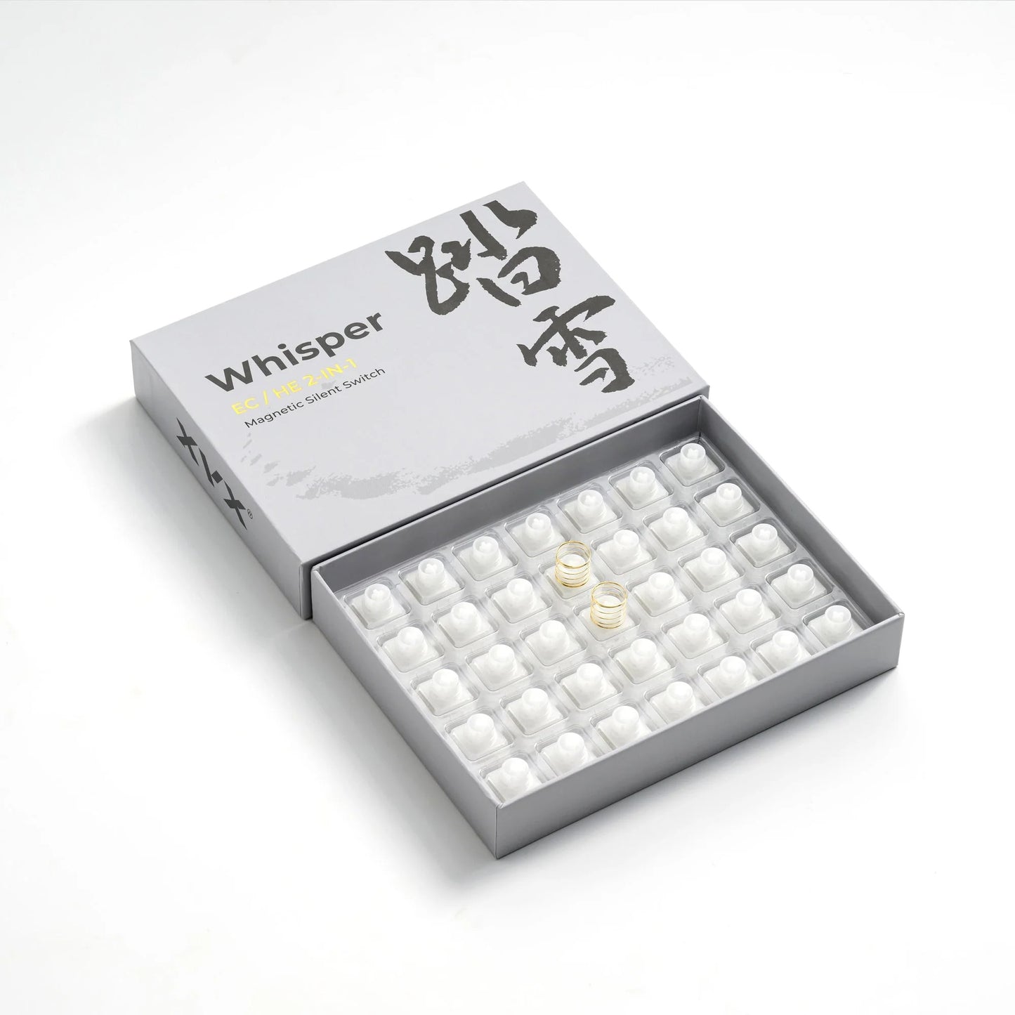 Whisper silent switches in retail box tray with multiple white switches