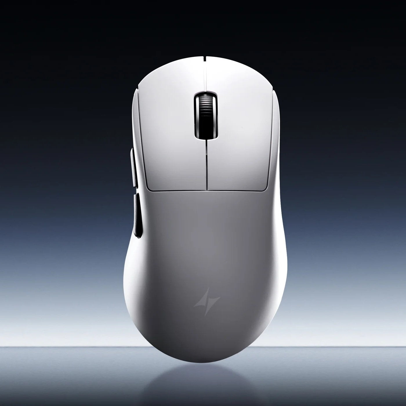 Gaming mouse, white body with black scroll wheel and side buttons.