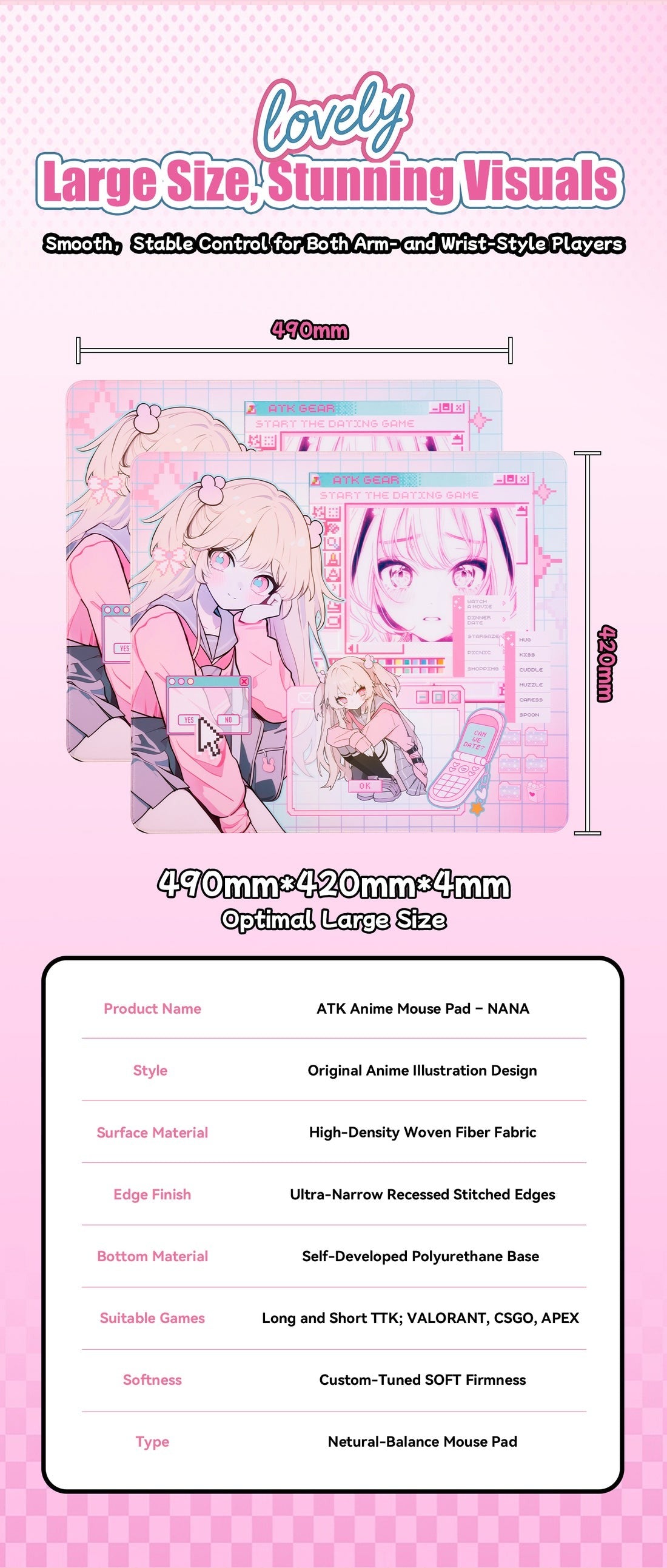 Mouse pad size and features infographic with pink anime artwork and specs