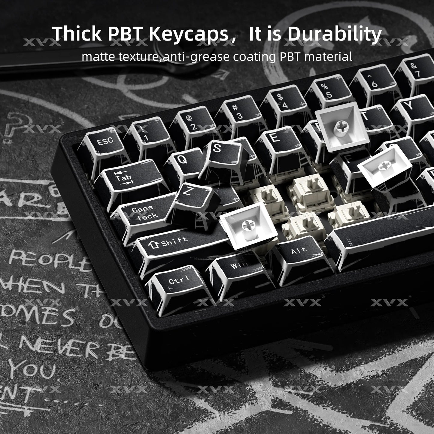 Black mechanical keyboard keycaps with white legends, arranged on a keycap set