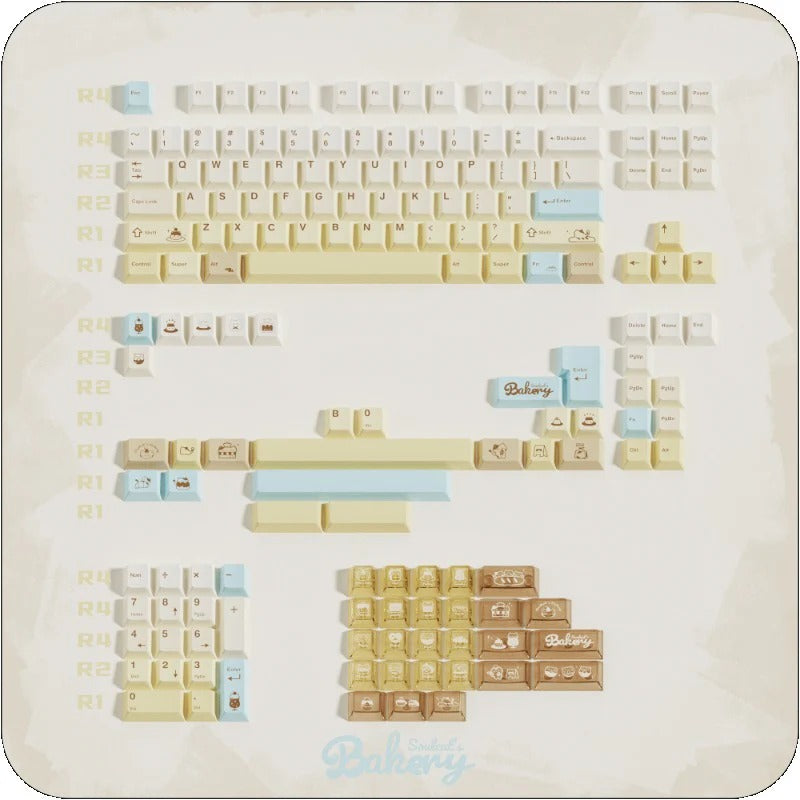 Keycap set arranged on board with cream and gold keys featuring cat and baking designs