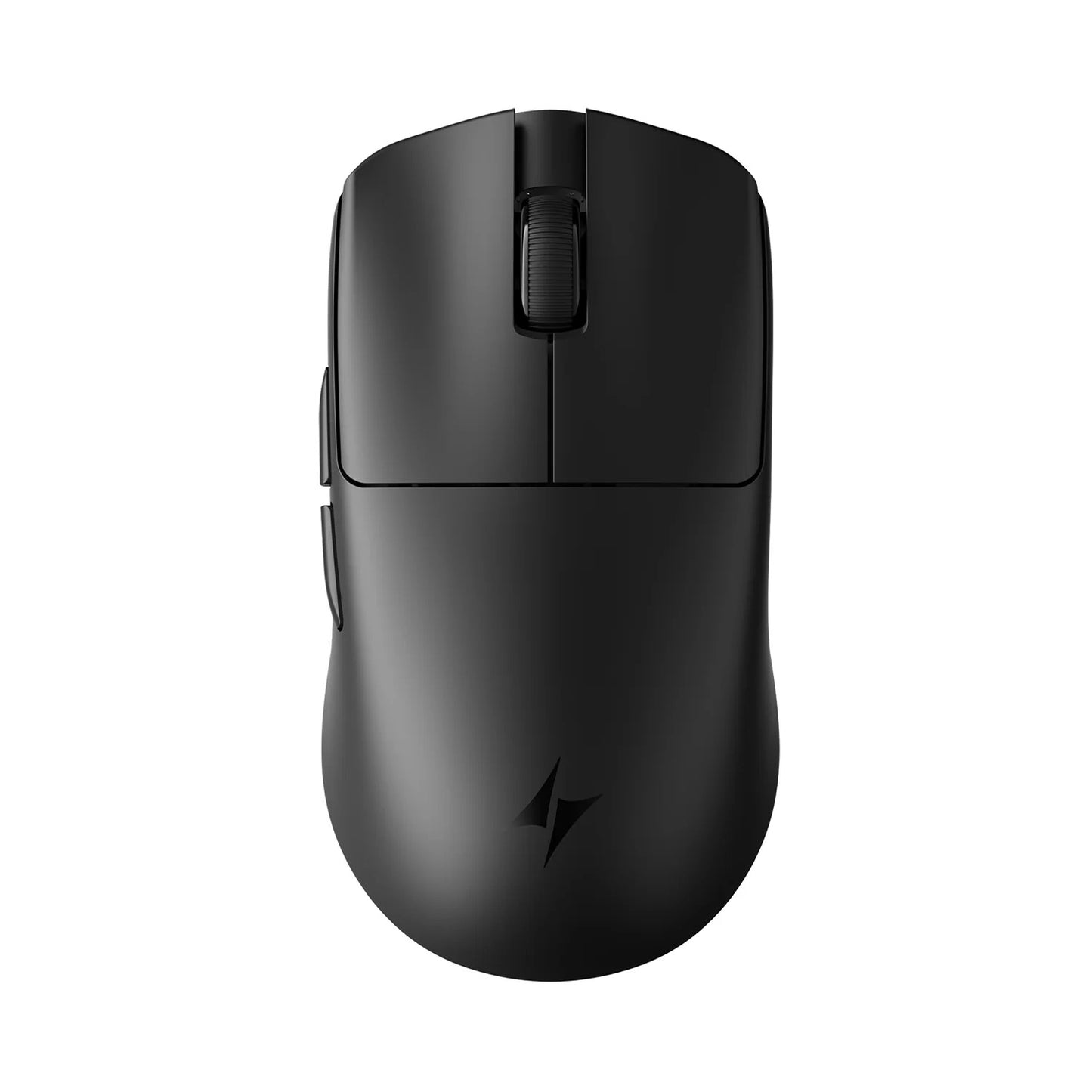 Matte black gaming mouse, centered scroll wheel and top sensor strip