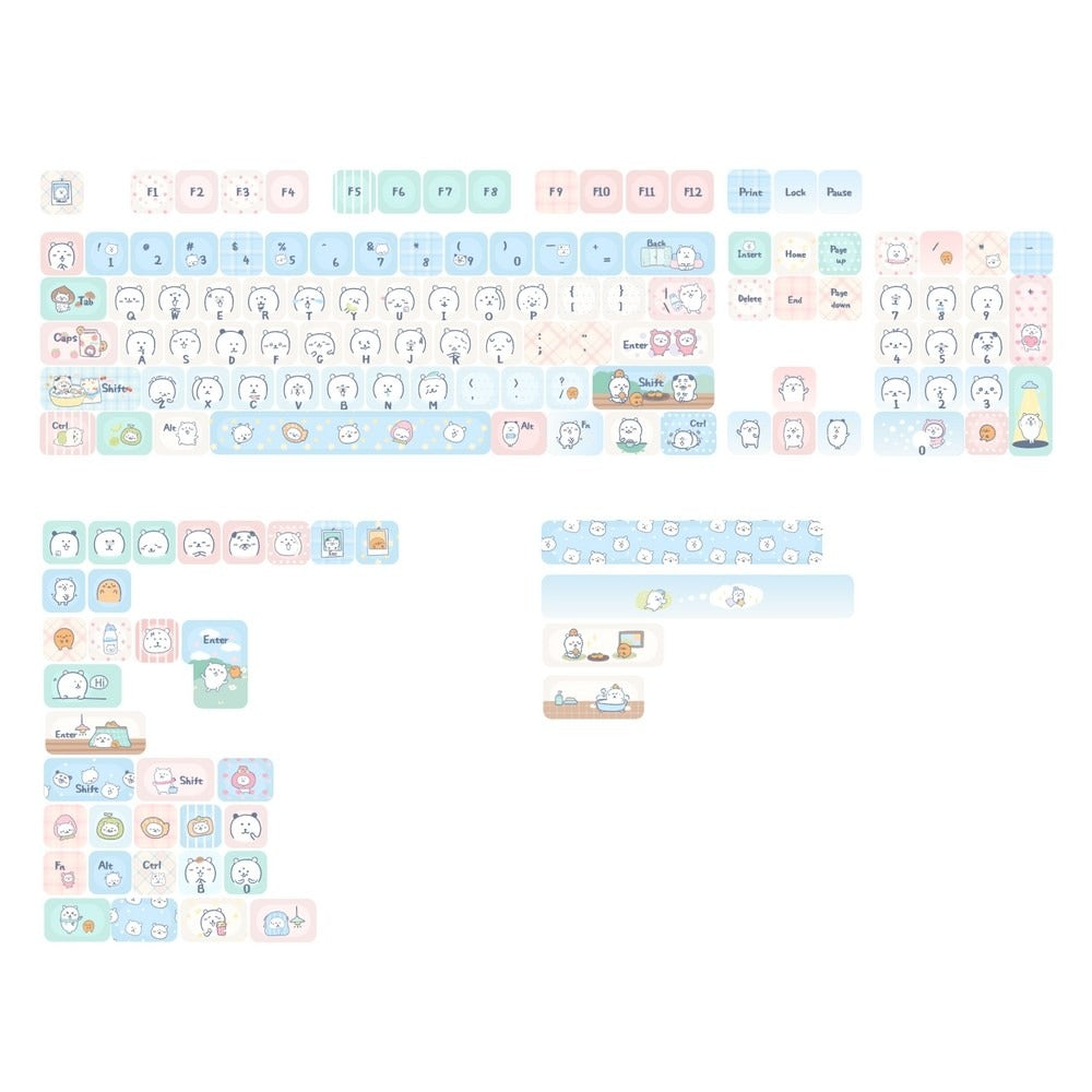 Bear keycap layout sheet with pale blue and white key designs and character icons