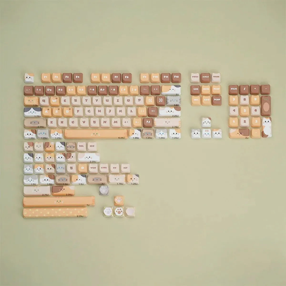 Cat keycap arrangement with beige, brown, and white keys on a light surface