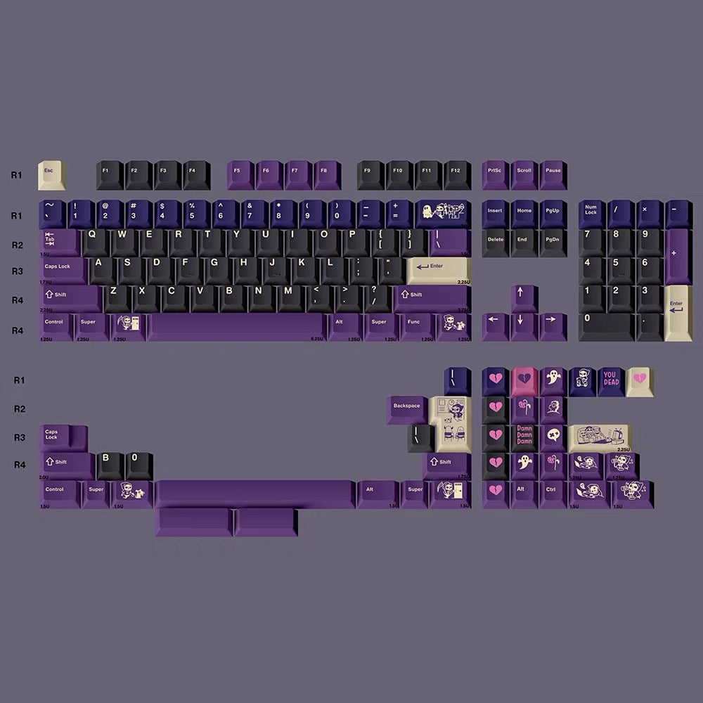 Keycap layout diagram showing purple and black keys, modifiers, and arrow cluster