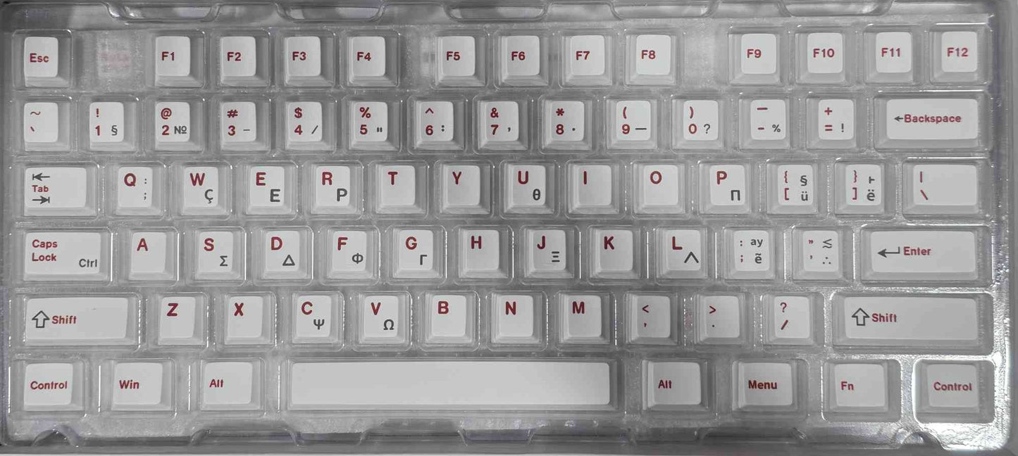 Keycap set with red legends on gray keys, including function and number rows