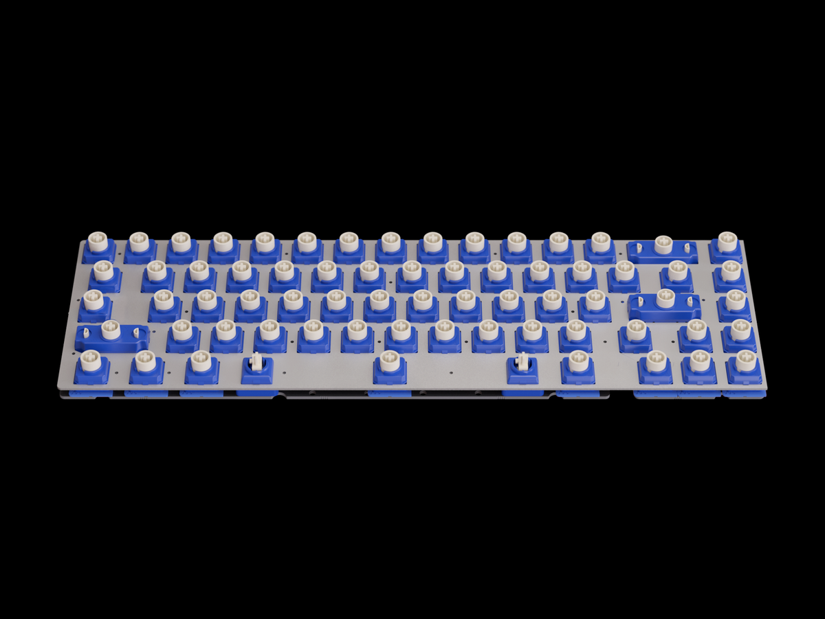 Populated blue PCB with rows of electronic components and silver terminal posts