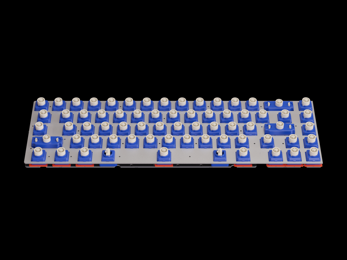 Blue PCB populated with many electronic components and silver terminal pins