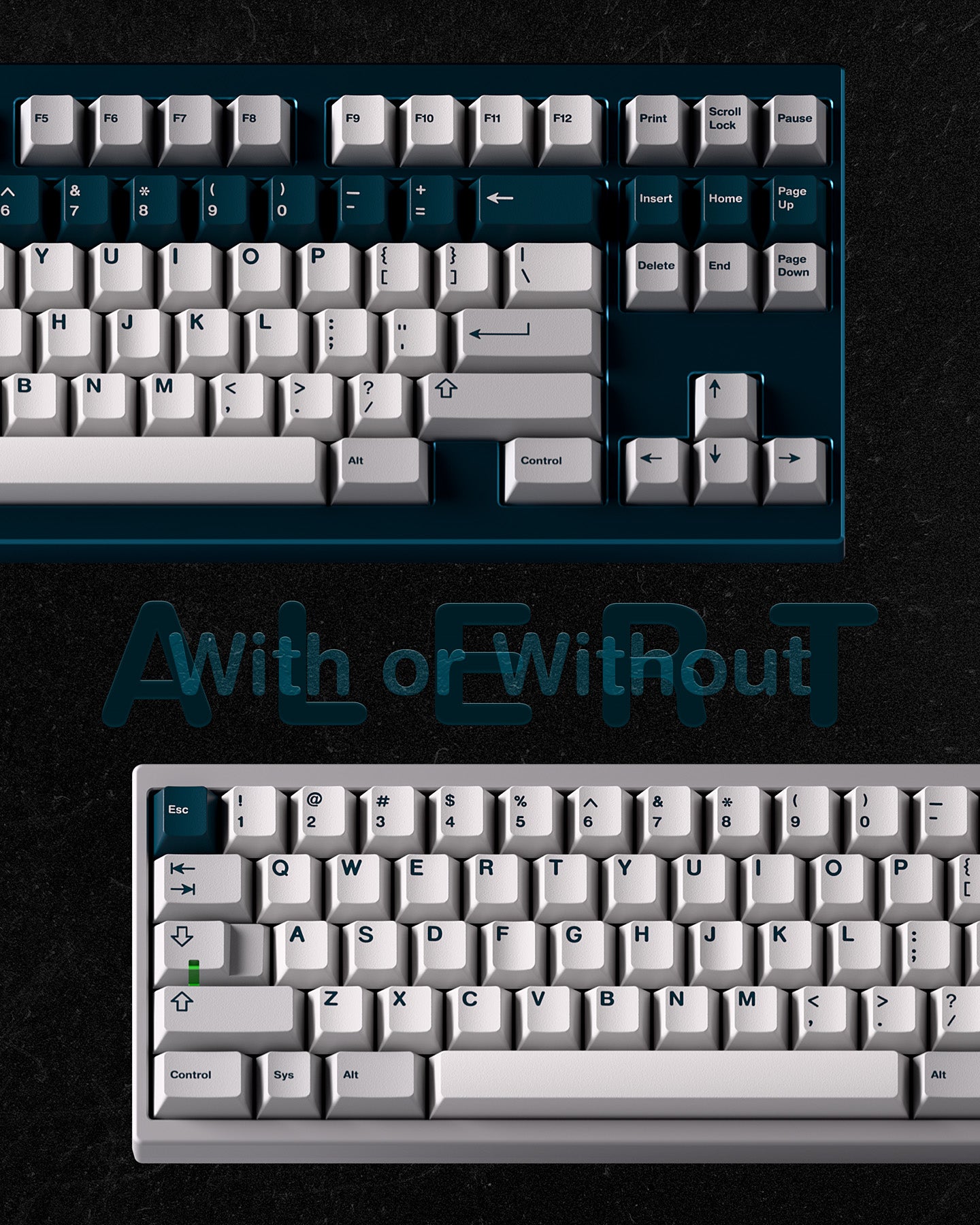 Teal and white mechanical keyboard keycap set showing multiple key rows and modifiers