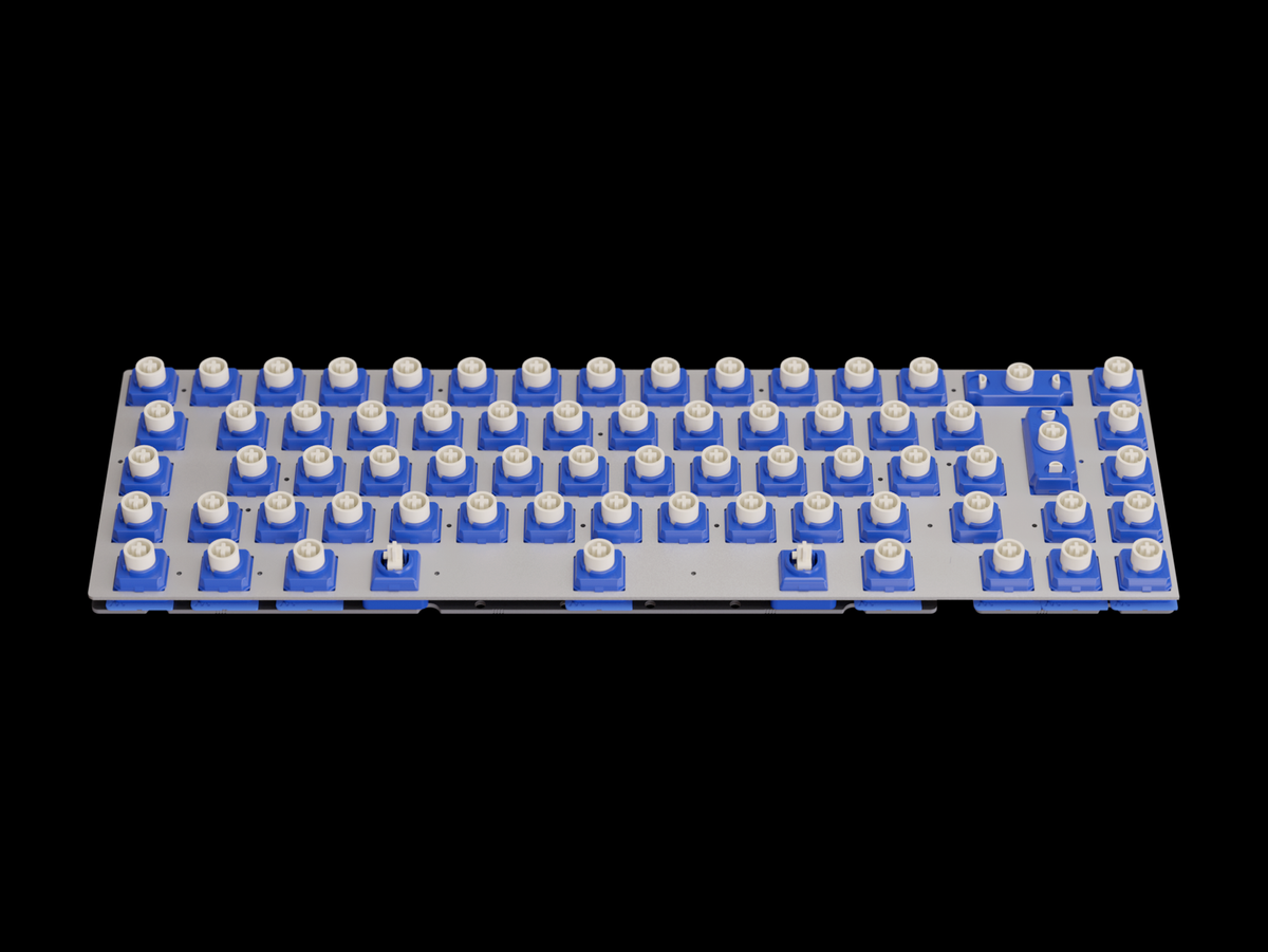 Populated blue circuit board with evenly spaced components and silver terminals