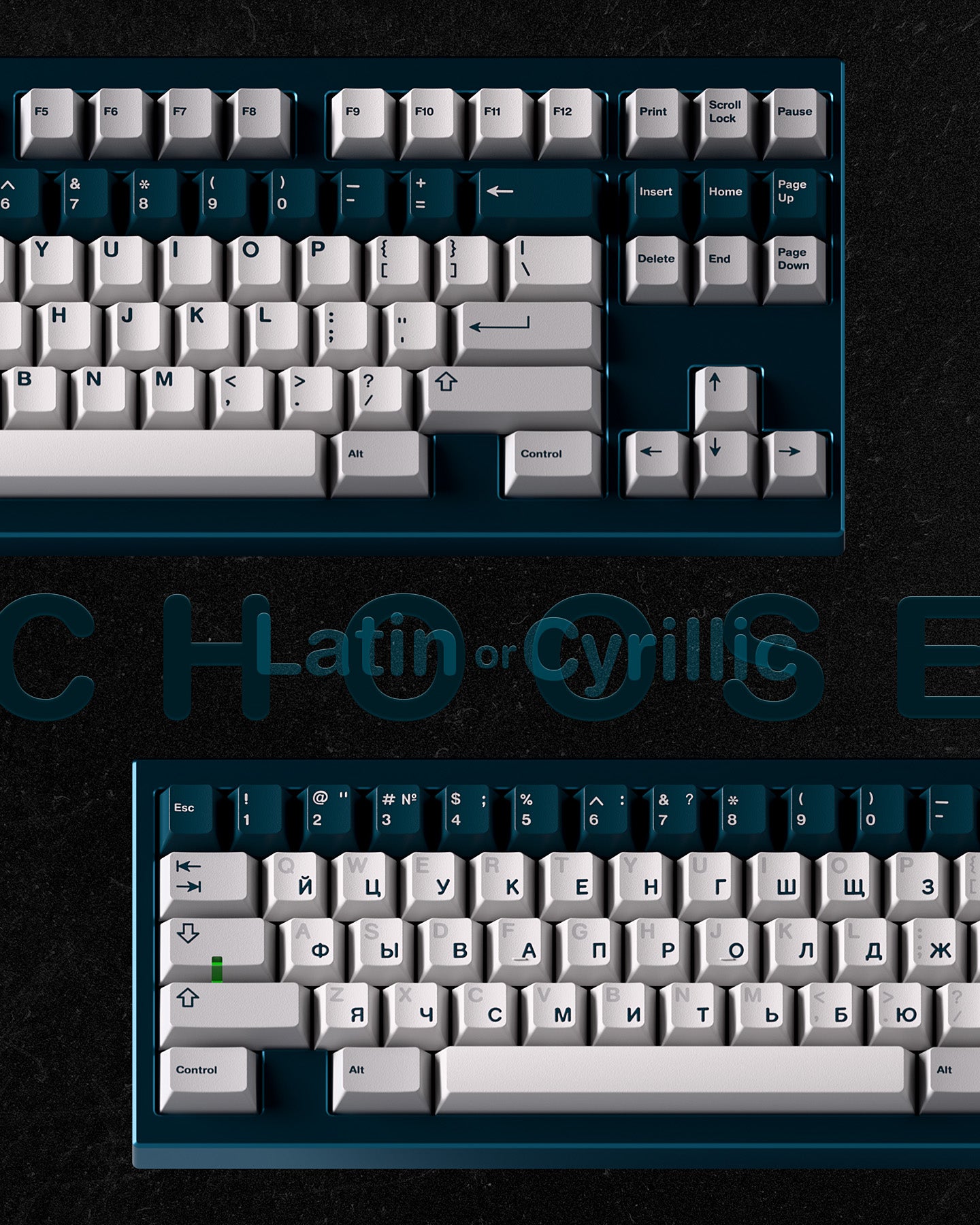 Teal and white mechanical keyboard keycap set with Cyrillic-style legends on keys
