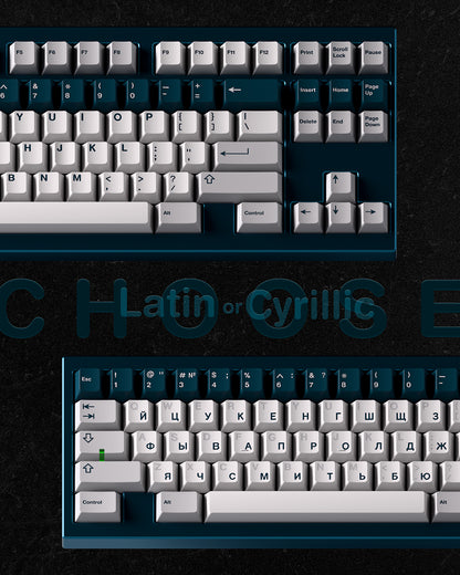 Teal and white mechanical keyboard keycap set with Cyrillic-style legends on keys