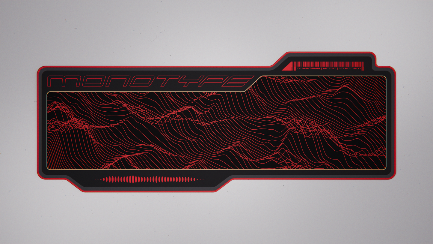 Crimson desk mat top view with red topographic lines and outlined border
