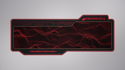 Crimson desk mat top view with red topographic lines and outlined border