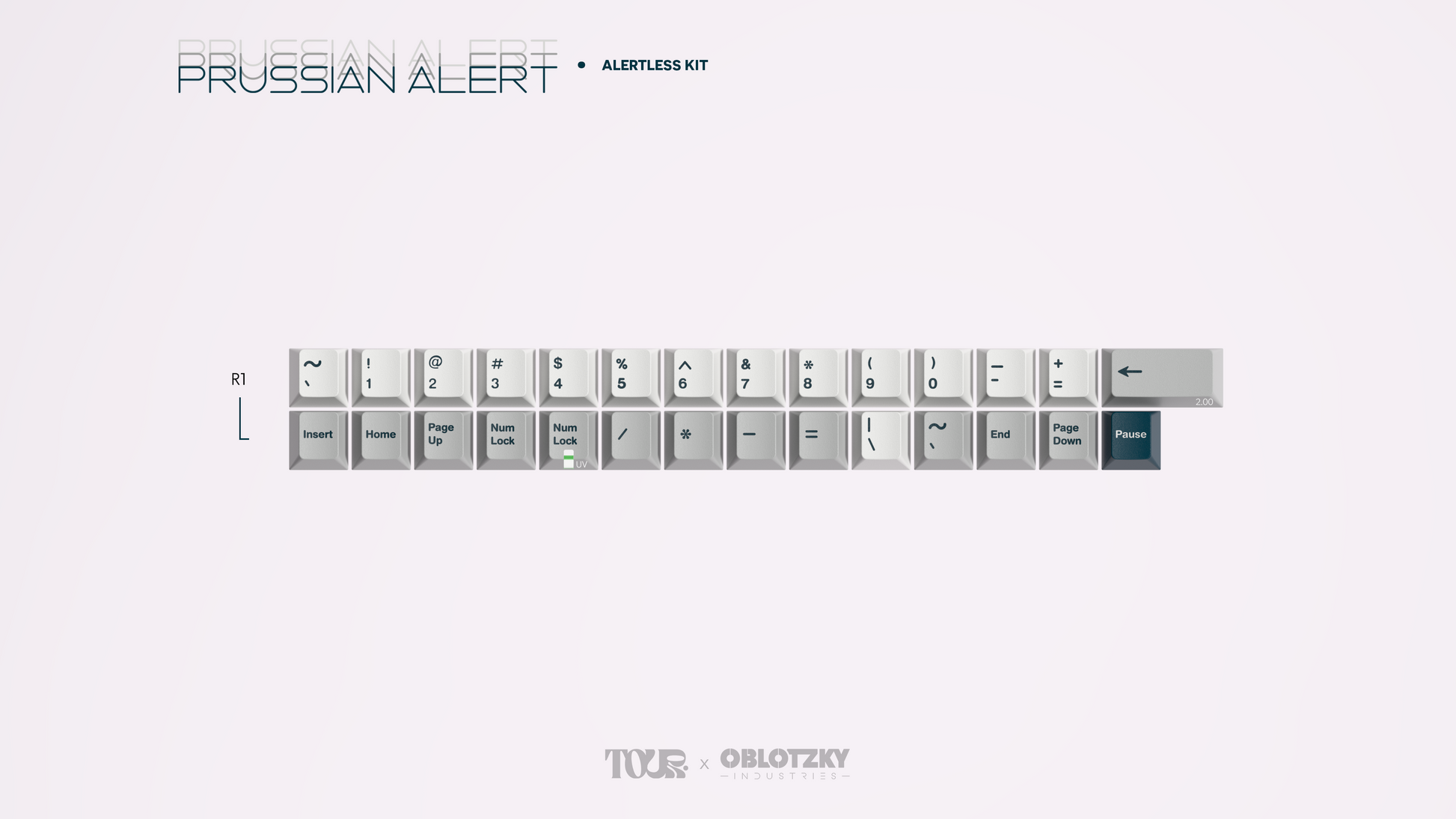 Keycap layout diagram for an alertless kit with white keys and teal accents