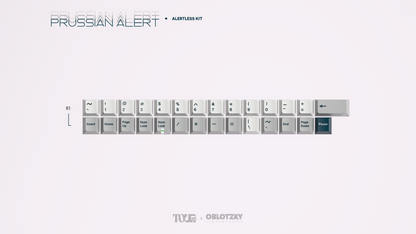 Keycap layout diagram for an alertless kit with white keys and teal accents