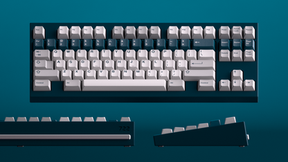 GMK Prussian Alert keycap set with light gray keys and dark blue legend layout