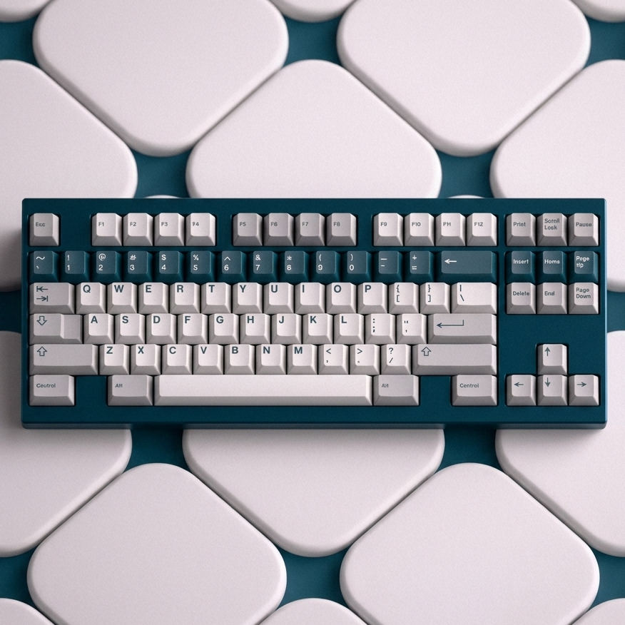 GMK Prussian Alert keycap close-up with light gray keys and blue labeled shortcuts