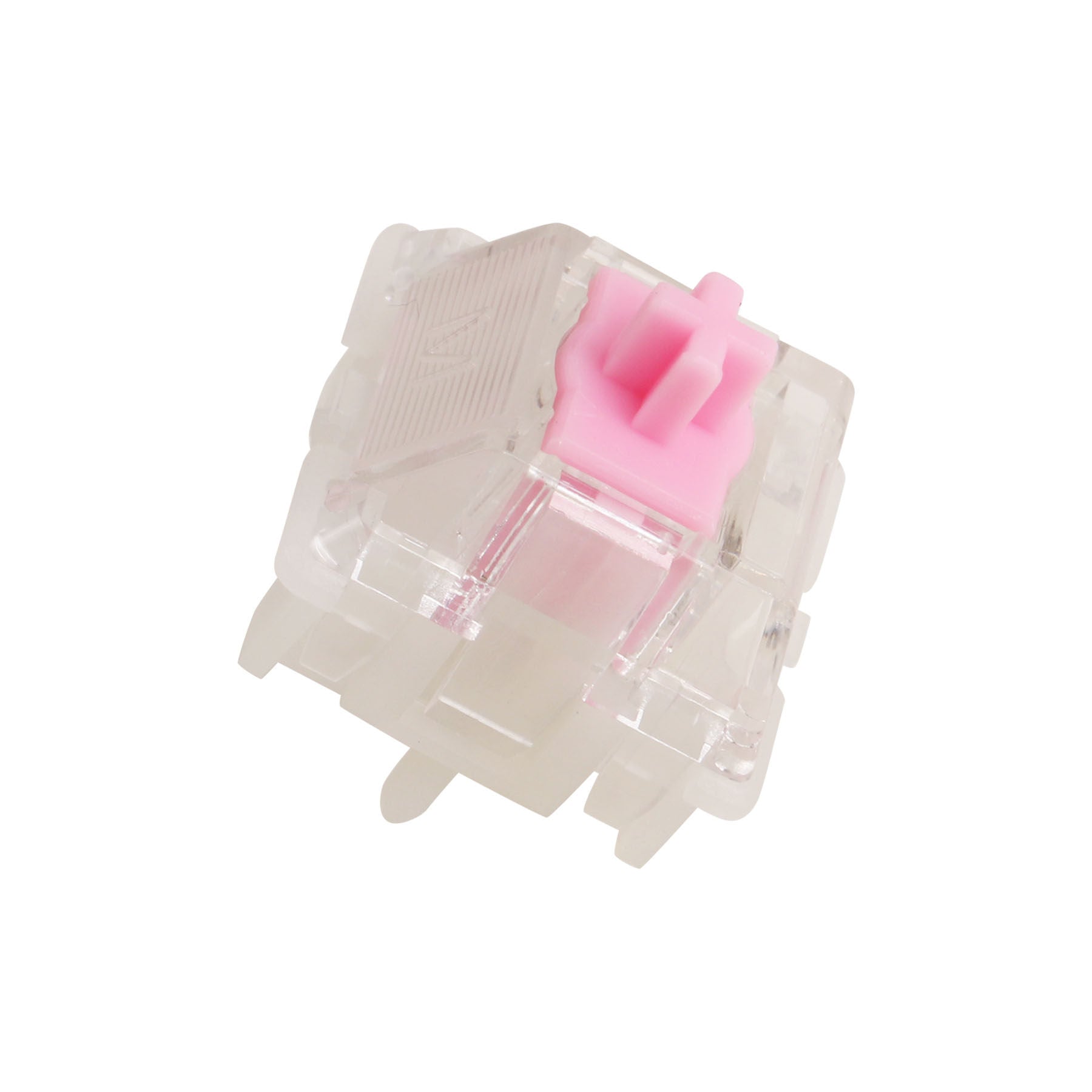 Keyboard switch with clear housing and pink top button actuator