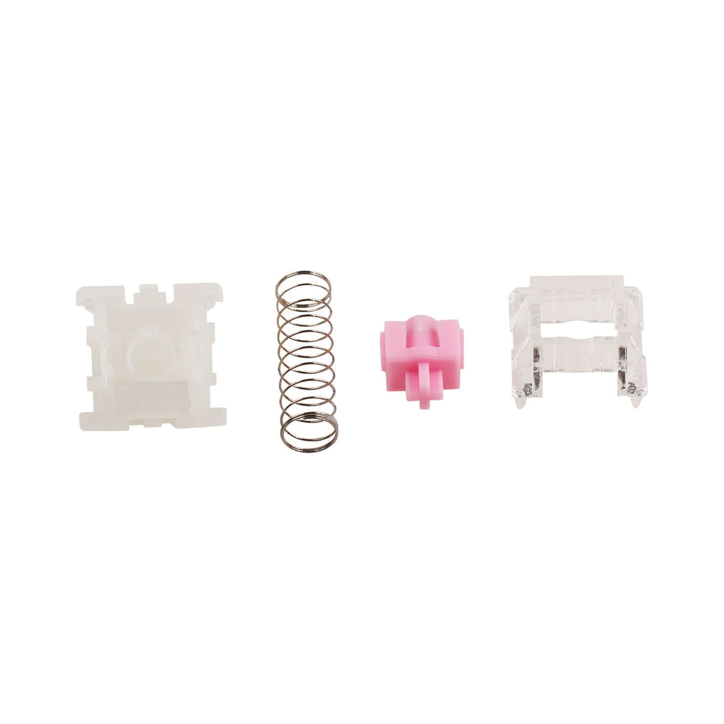 Keyboard switch components: clear housing, pink stem, and return spring