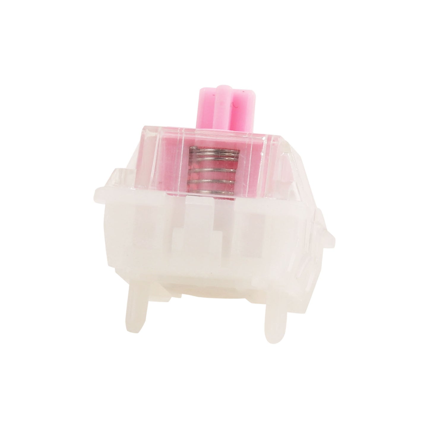 Mechanical keyboard switch with transparent housing and pink actuator stem